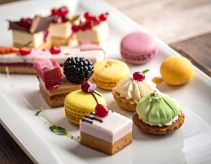 Delectable assortment of pastries and macarons beautifully arranged on a white tray