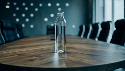 Empty Glass Bottle on Wooden Conference Table in Modern Meeting Room