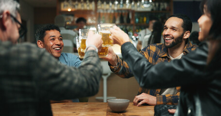 Friends, party and toast beer at bar, celebration or excited for announcement, happy hour and drinks. People, glasses and cheers at pub with alcohol, success or congratulations for milestone at night