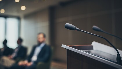 Empty Microphone on Podium in Conference Room with Audience Members and Blurred Background