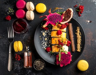 Delectable dessert dish with macarons, dragon fruit, cake rolls, and berries on black plate
