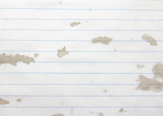 Notebook paper with lines and brown stains.