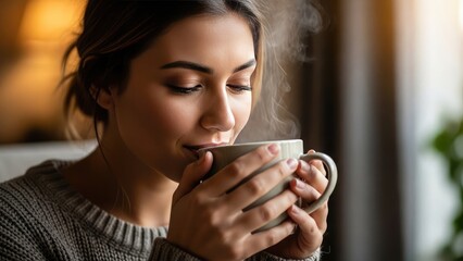 Woman holding a steaming mug, eyes closed, enjoying the aroma and warmth of the beverage.