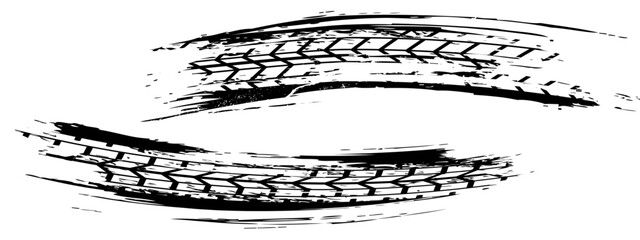 Grunge tire track, wheel braking marks. Truck, car or motorcycle tread pattern silhouette. Auto race, motorsport, speed racing design element © devi