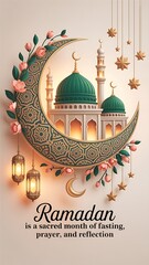 Beautiful Ramadan design with crescent moon mosque lanterns and stars , ramadan, mosque, crescent moon, moon, stars,