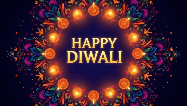 Happy Diwali with glowing diya lamps and vibrant patterns