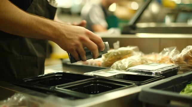 Grocery worker scanning items at checkout
