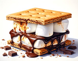 Delectable s'more with overflowing, molten chocolate and toasted marshmallows, between crackers
