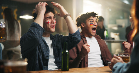 Sports, watching and men in pub with reaction for score, goal and live streaming game. Bar, upset friends and people celebrate for team support, broadcast and match for social hangout with face paint