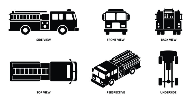 Detailed fire engine illustration, emergency vehicle blueprints, side, front, back, top, perspective, underside