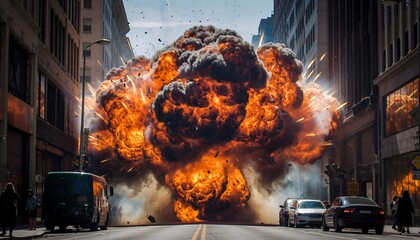 Explosive Car Explosion in Urban Street Scene with Fire and Smoke