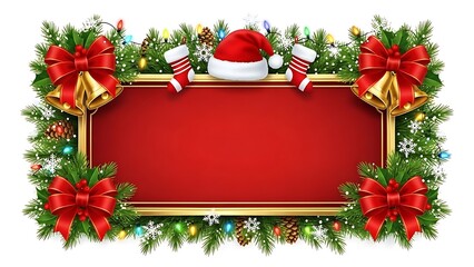 Decorative red holiday frame surrounded by pine garland colored lights and Christmas ornaments