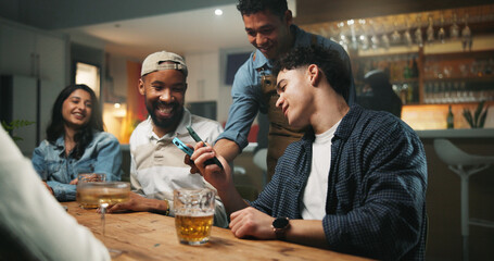 Happy people, payment and pos machine with phone in pub for purchase, banking or drinking in club....