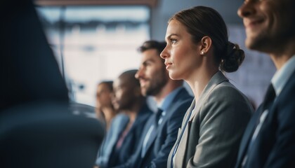 Focused Young Businesswoman Listening Attentively in Modern Corporate Conference Room