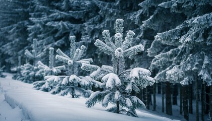 Frosted Snow-covered Pine Trees in Winter Forest Scene
