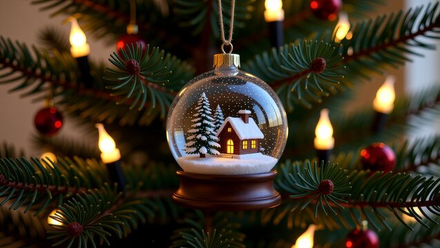 Snow globe with house and trees on Christmas tree - Powered by Adobe