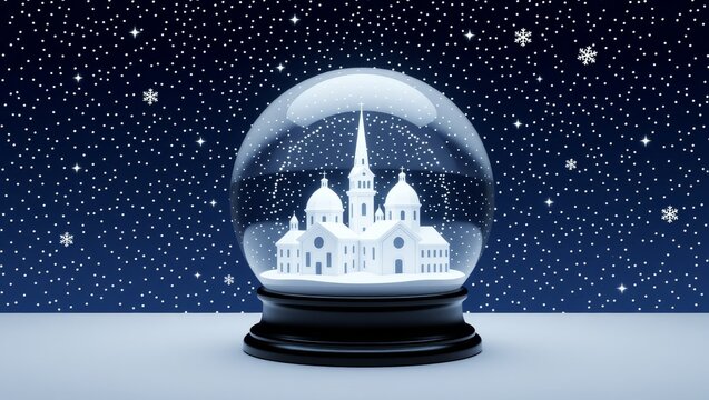 Snow globe with church against starry night