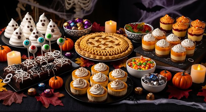 Festive halloween dessert spread with cakes candies and pumpkins - Powered by Adobe