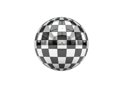 Reflective Sphere with Checkerboard Pattern Isolated on Black Background Abstract Geometric Design