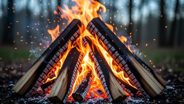 Campfire with burning logs and sparks in forest