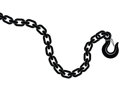 Strong metal chain. Industrial lifting hook. Heavy duty equipment. Black and white graphic. Connection link.
