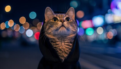 Gray Tabby Cat Wearing Black Hoodie Standing in Urban Night Scene with Colorful Bokeh Lights