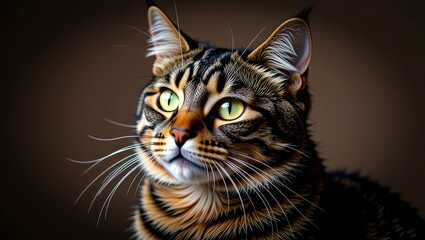 Closeup of tabby cat with green eyes looking upward