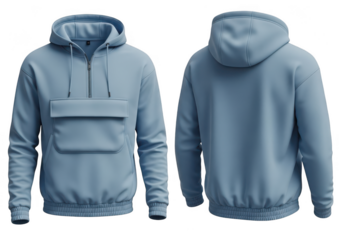 Blue anorak hoodie with quarter zip and front pocket shown from front and back isolated on transparent background