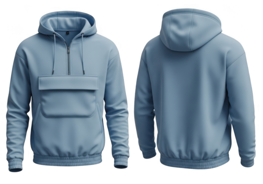 Blue anorak hoodie with quarter zip and front pocket shown from front and back isolated on transparent background