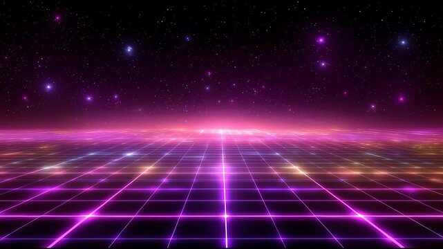 Retro futuristic digital landscape showcasing vibrant, glowing neon grid and synthwave background. Energetic mountains extend into dreamy cyberspace with sparkling stars