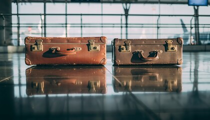 Two Vintage Suitcases on Airport Floor Near Large Window in Modern Terminal