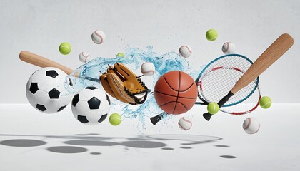 Variety of Sports Balls and Equipment in Motion with Splash Effect on Light Background