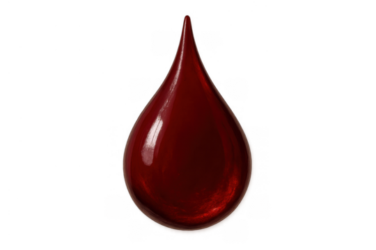 Red blood drop with reflections, symbolizing donation, medicine, and healthcare on transparent background