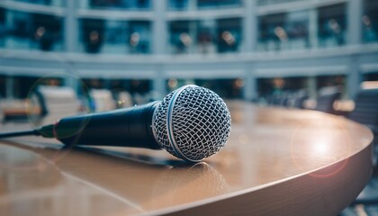 Microphone on Wooden Table in Conference Room with Modern Architecture