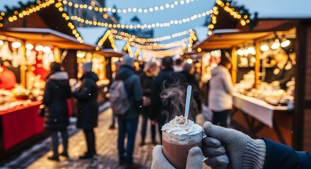 Festive outdoor market scene with food stalls and people at dusk