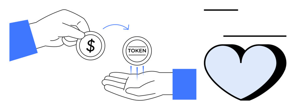Hand transferring dollar coin to another hand receiving digital token with heart symbolizing value exchange. Ideal for blockchain, cryptocurrency, trust, charity, economy, virtual assets