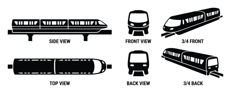 Monorail train vector icon set featuring side, front, back, top, and three-quarter perspectives.