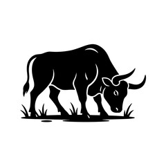 Zodiac Animal Ox silhouette grazing on grass black white