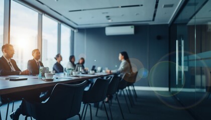 Modern Business Meeting in Bright Conference Room with Large Windows and Businesspeople Engaged in Discussion
