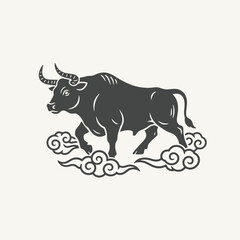 Zodiac Animal Ox silhouette walking with stylized lunar clouds illustration