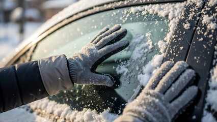 Hands clearing snow from side window – Symbol of effort and winter readiness