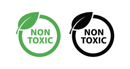 Non toxic label design, eco-friendly product badge, safe material icon, natural quality mark, clean element.