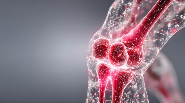3D rendering of a human knee joint with glowing red bones, illustrating pain or inflammation in a medical context.