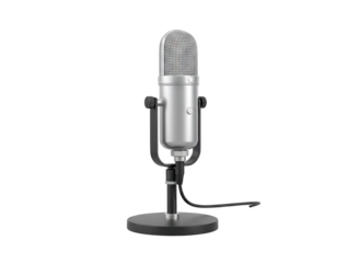 Silver retro microphone with stand and cable isolated on transparent background high resolution studio lighting
