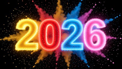 2026 neon numbers with colorful sparkles and smoke