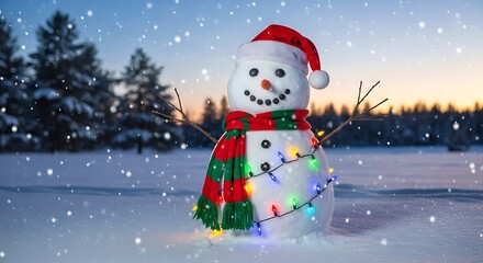 Festive snowman with holiday decorations in a winter landscape