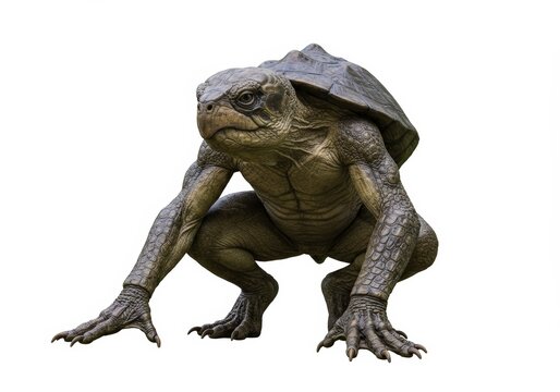 Mysterious creature blending reptile and human characteristics, crouching posture - Powered by Adobe