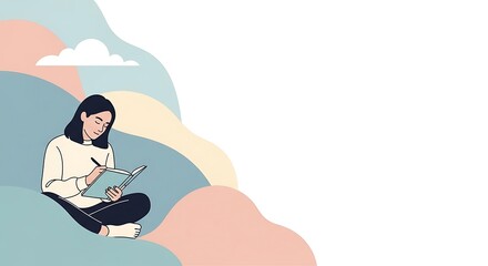 Fototapeta premium Young Woman Sitting Cross-legged Reading Book in Soft Pastel Cloudscape Illustration