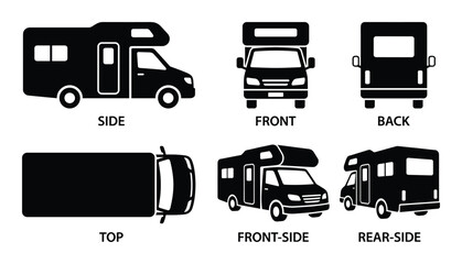 Obraz premium RV motorhome black vector icons set with side, front, back, top, and various angled perspectives.
