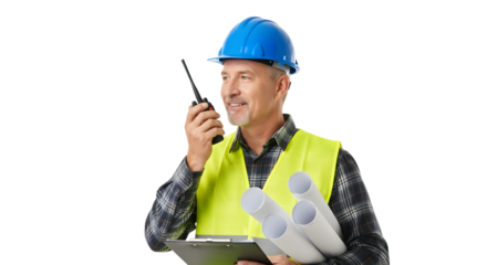 Construction worker with blueprints and walkie talkie isolated on transparent background
